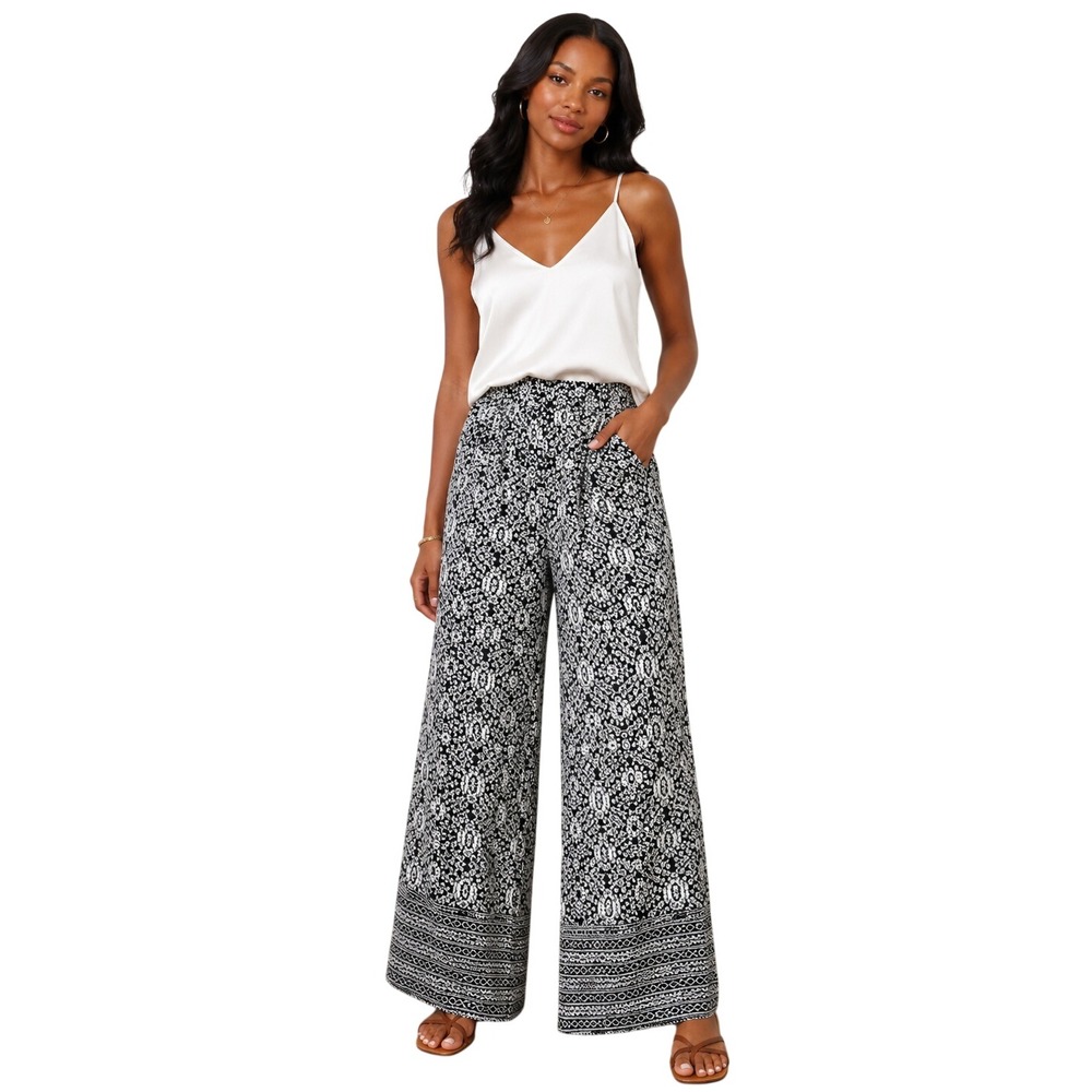 Love Wish Womens XL Wide Leg Palazzo Pants Black White Tribal Geometric Print
